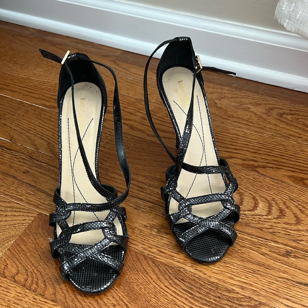 Kate Spade Black Snakeskin Embossed Strappy Heels Made in Italy Sandals Size 8 B